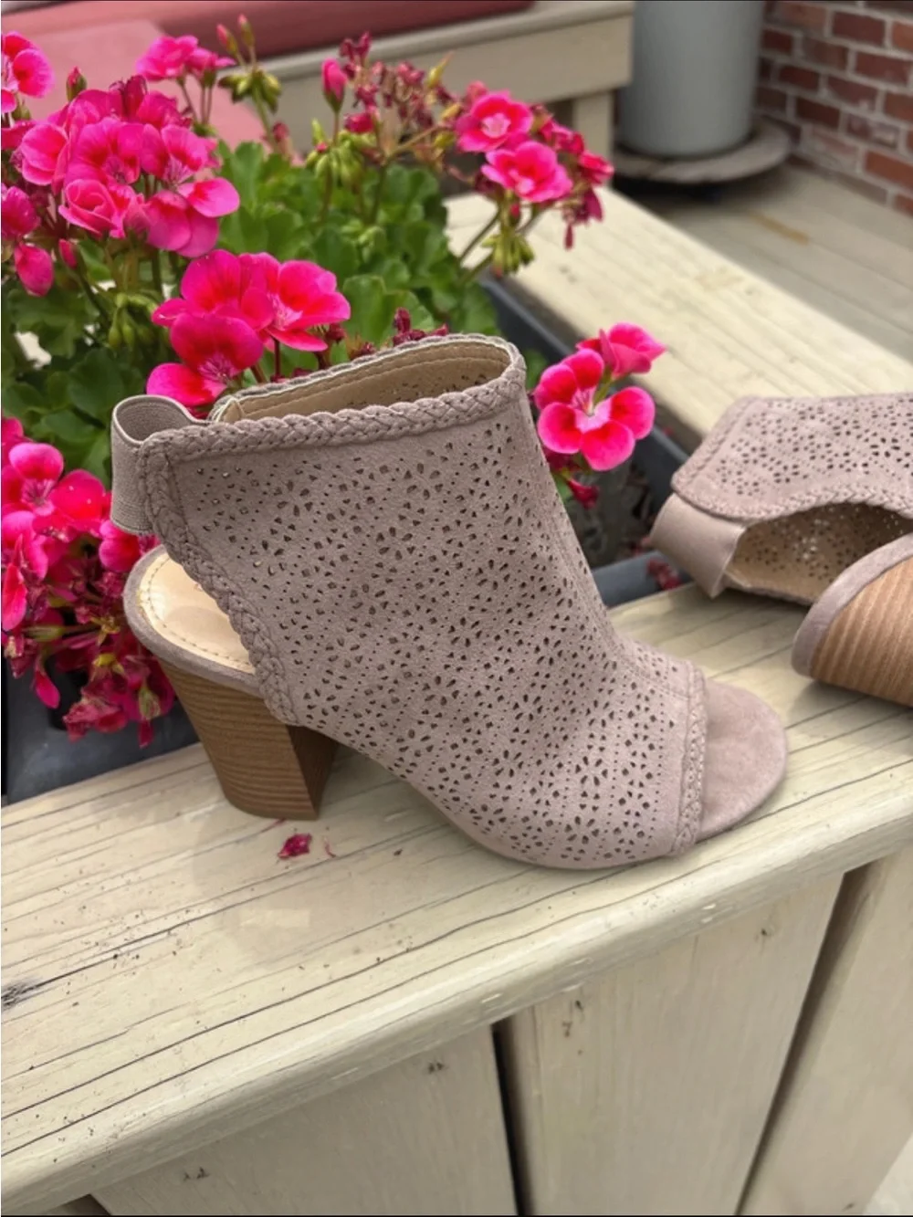 LC Lauren Conrad Blush Laser-Cut Suede Peep-Toe Block Heel Booties